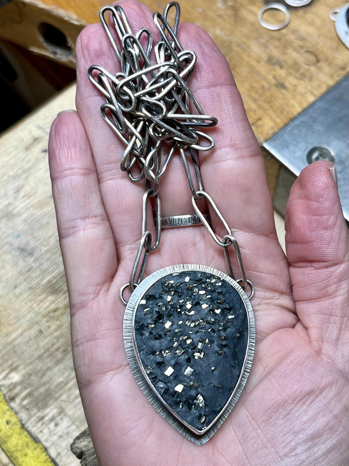 Pyrite Drusy in Slate Necklace