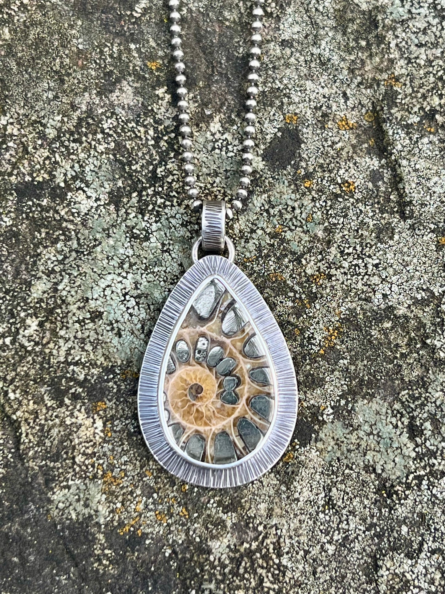 Ammonite Fossil with Pyrite Inlay Necklace