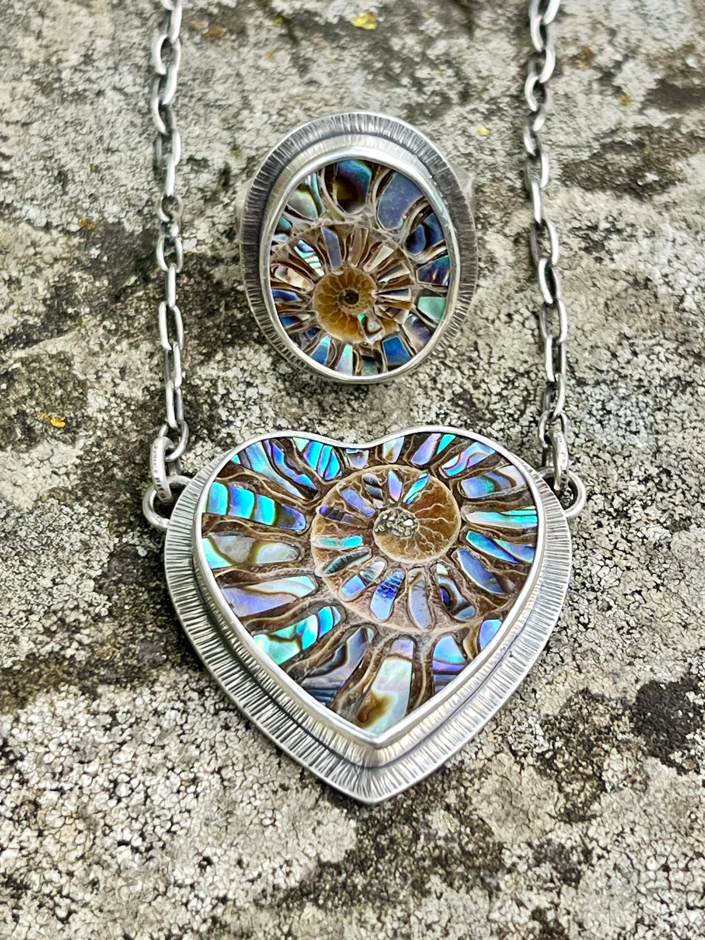 Ammonite with Abalone Inlay Ring