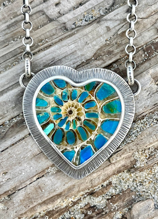 Ammonite Heart with Blue Opal Inlay Necklace
