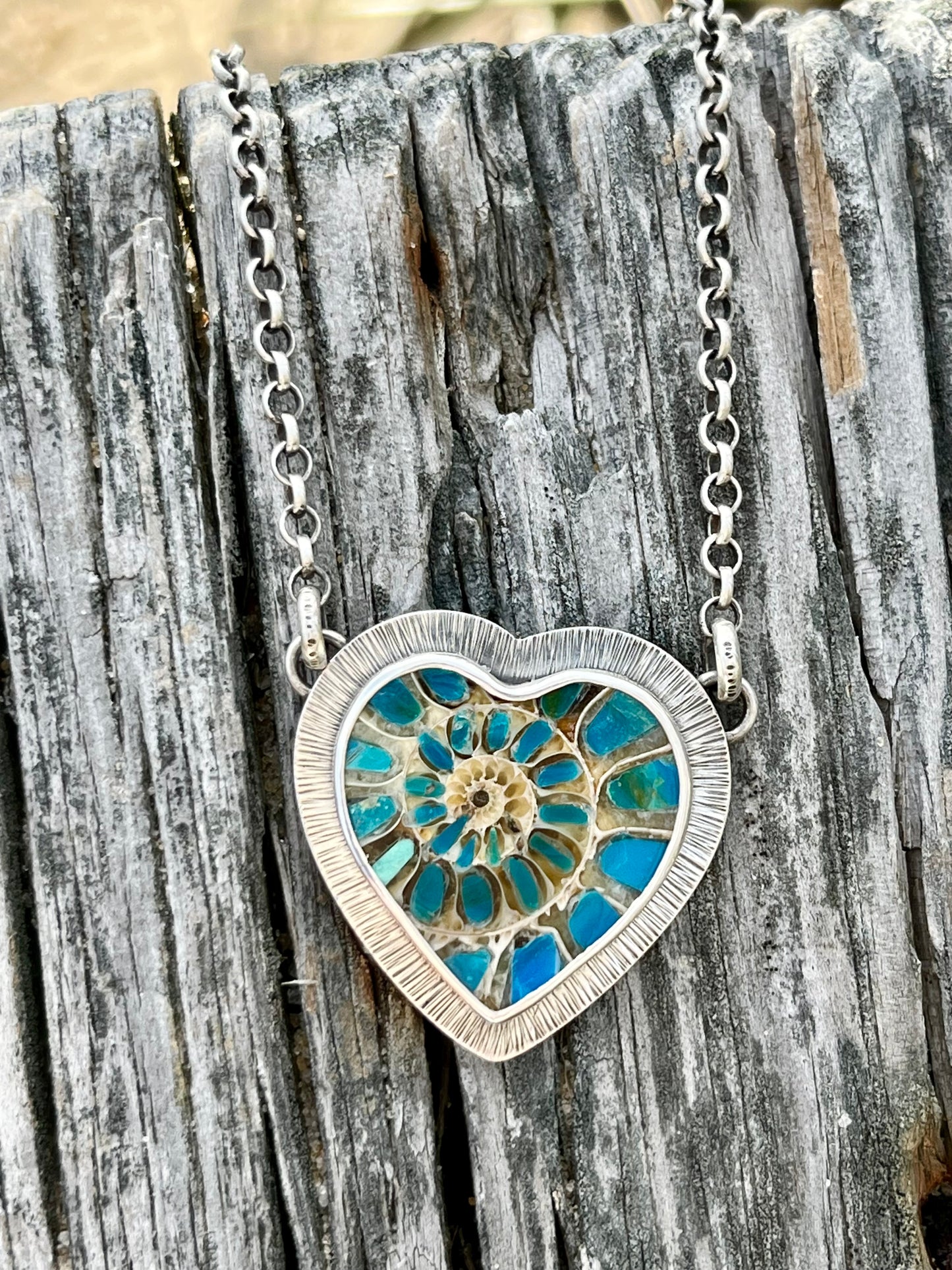 Ammonite Heart with Blue Opal Inlay Necklace