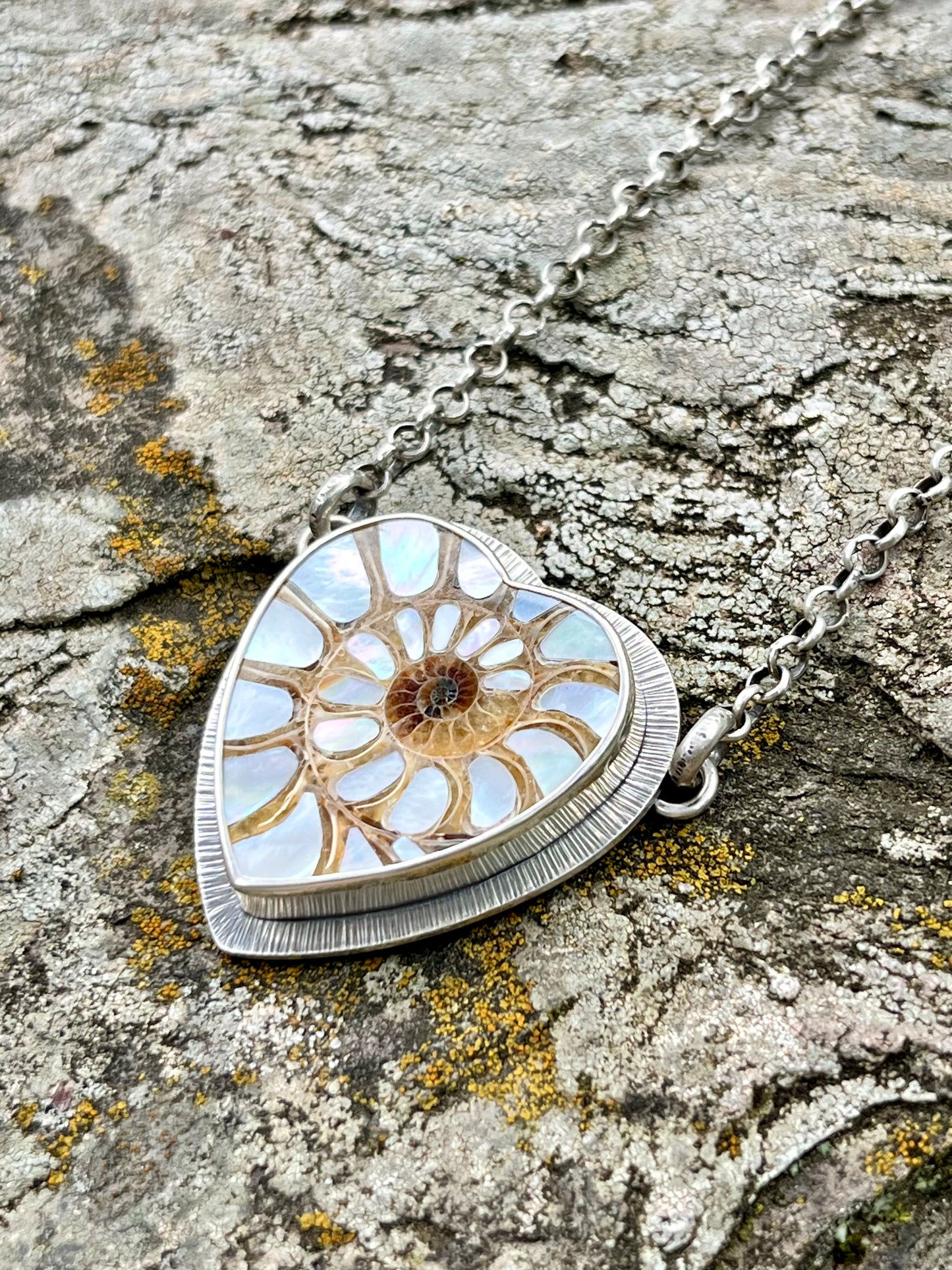 Ammonite Heart with Mother of Pearl Inlay Necklace