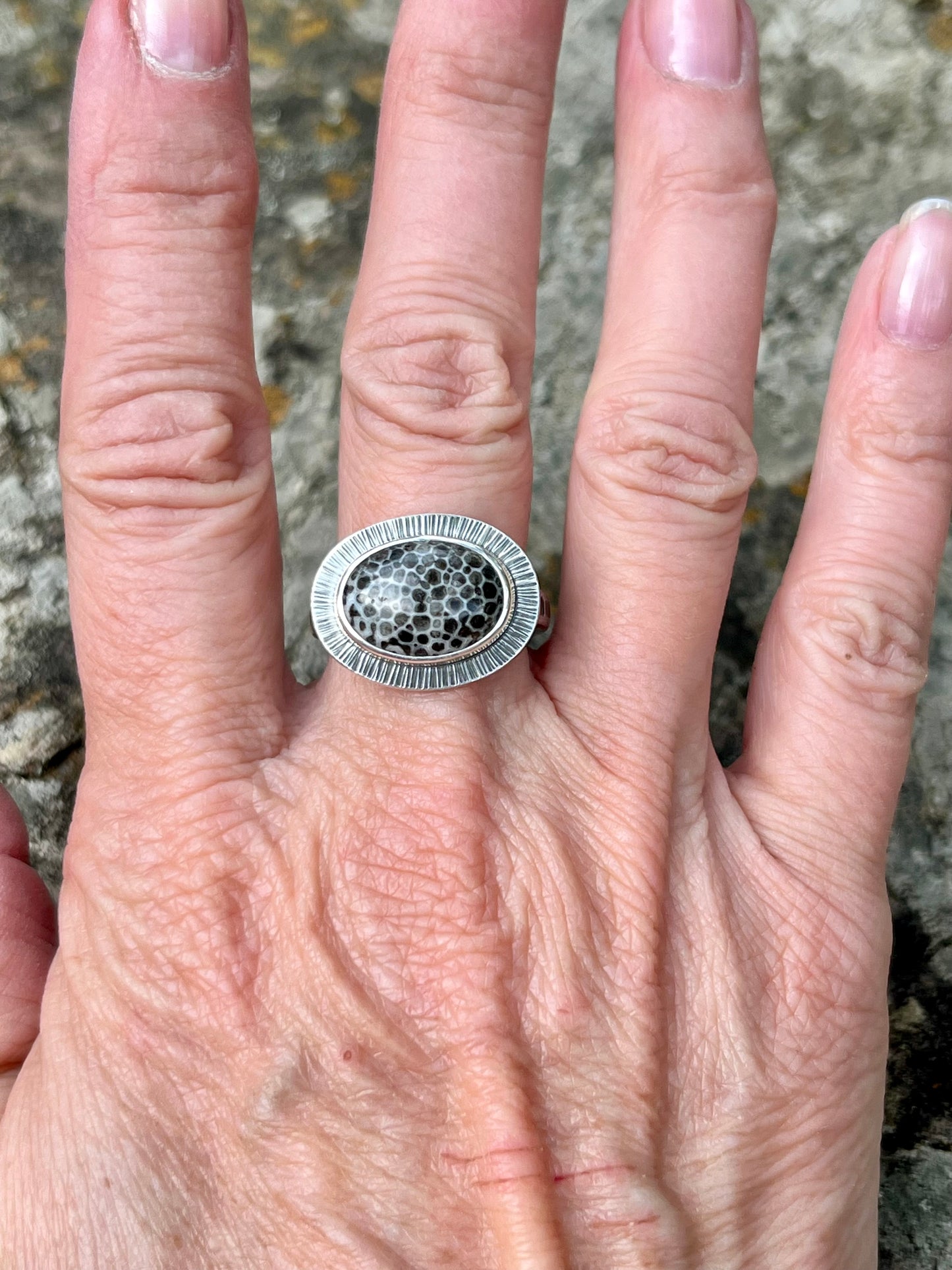 Oval Black Fossil Coral Ring