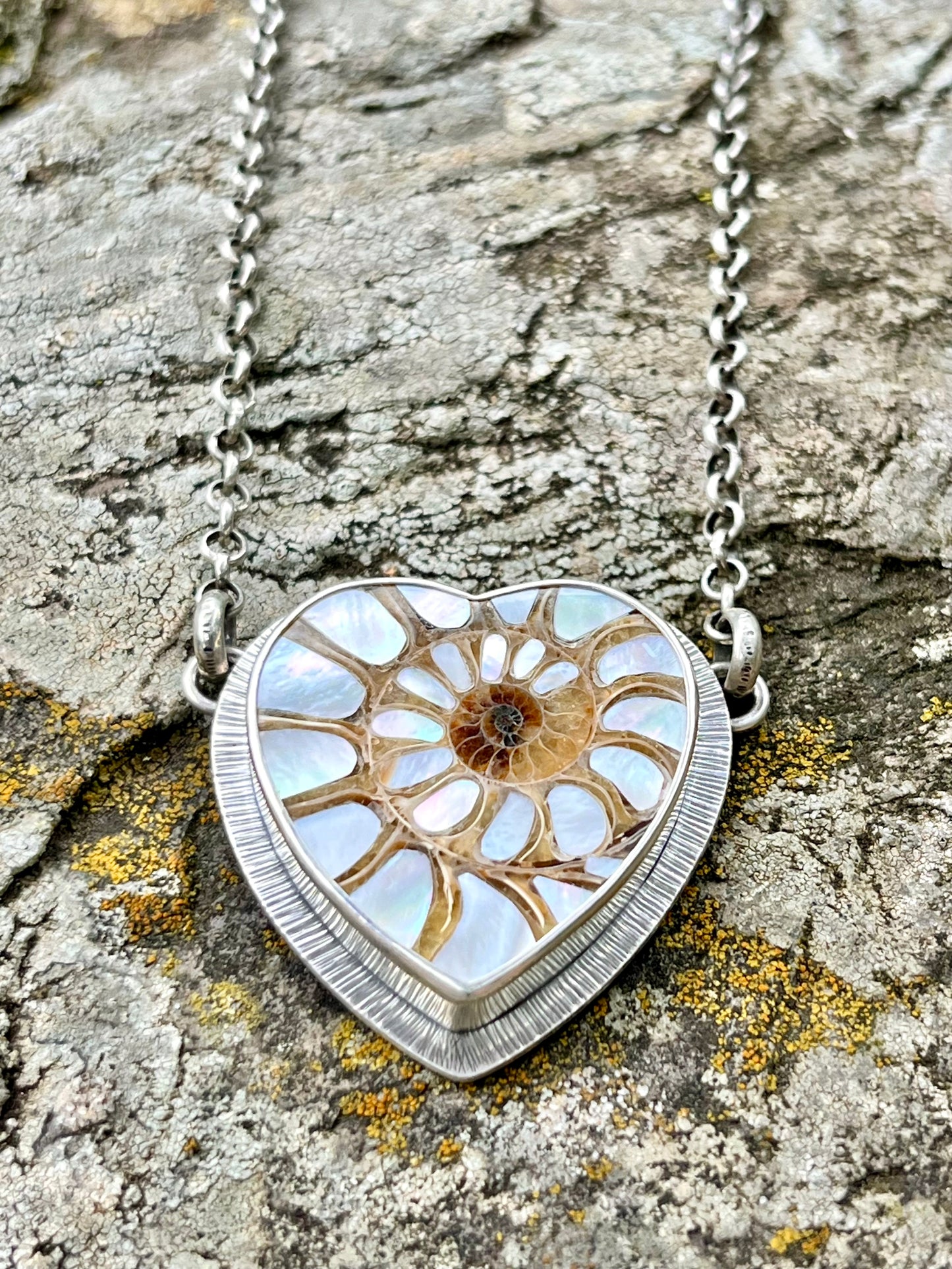 Ammonite Heart with Mother of Pearl Inlay Necklace