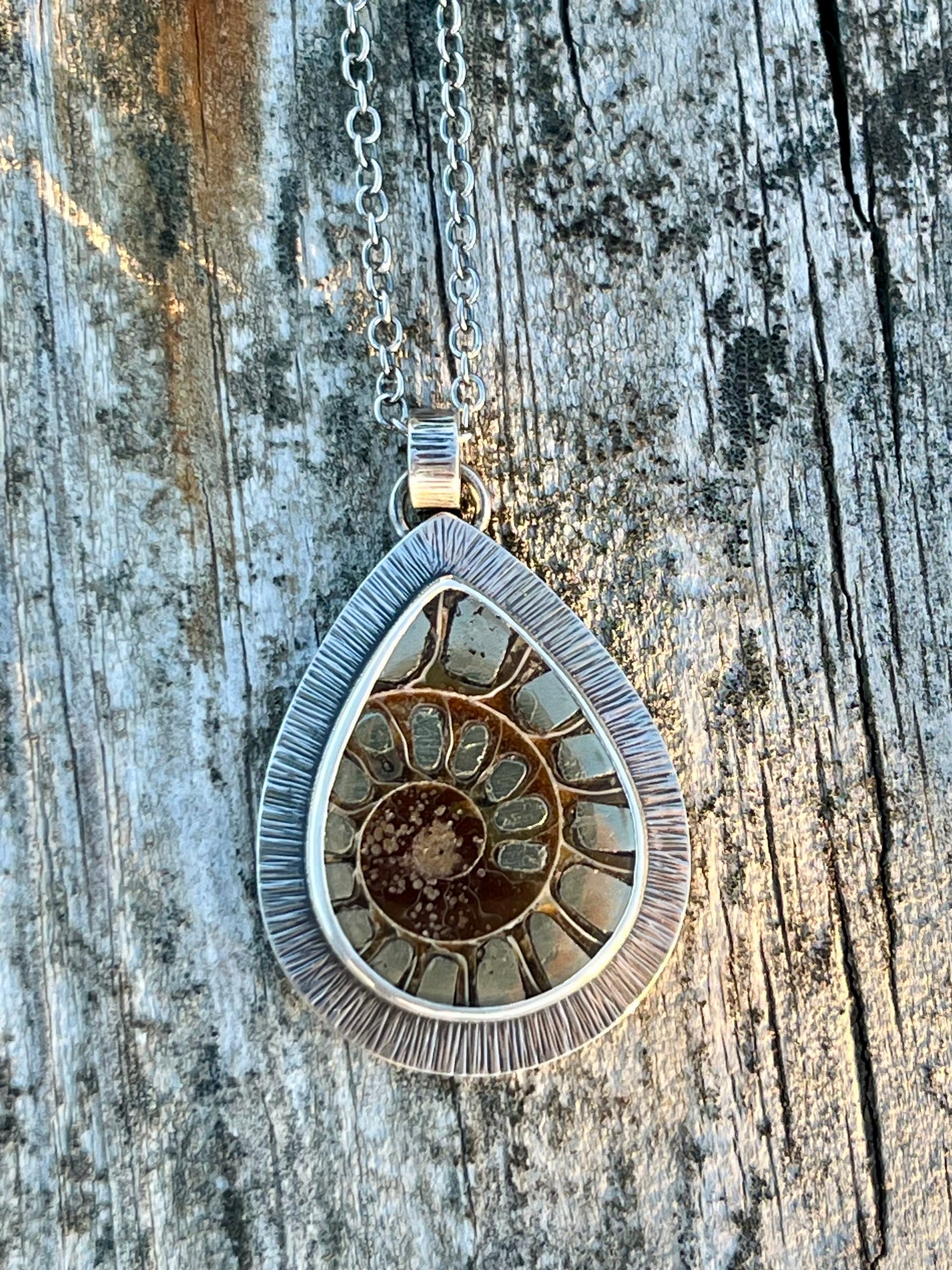 Ammonite Fossil with Pyrite Inlay Necklace