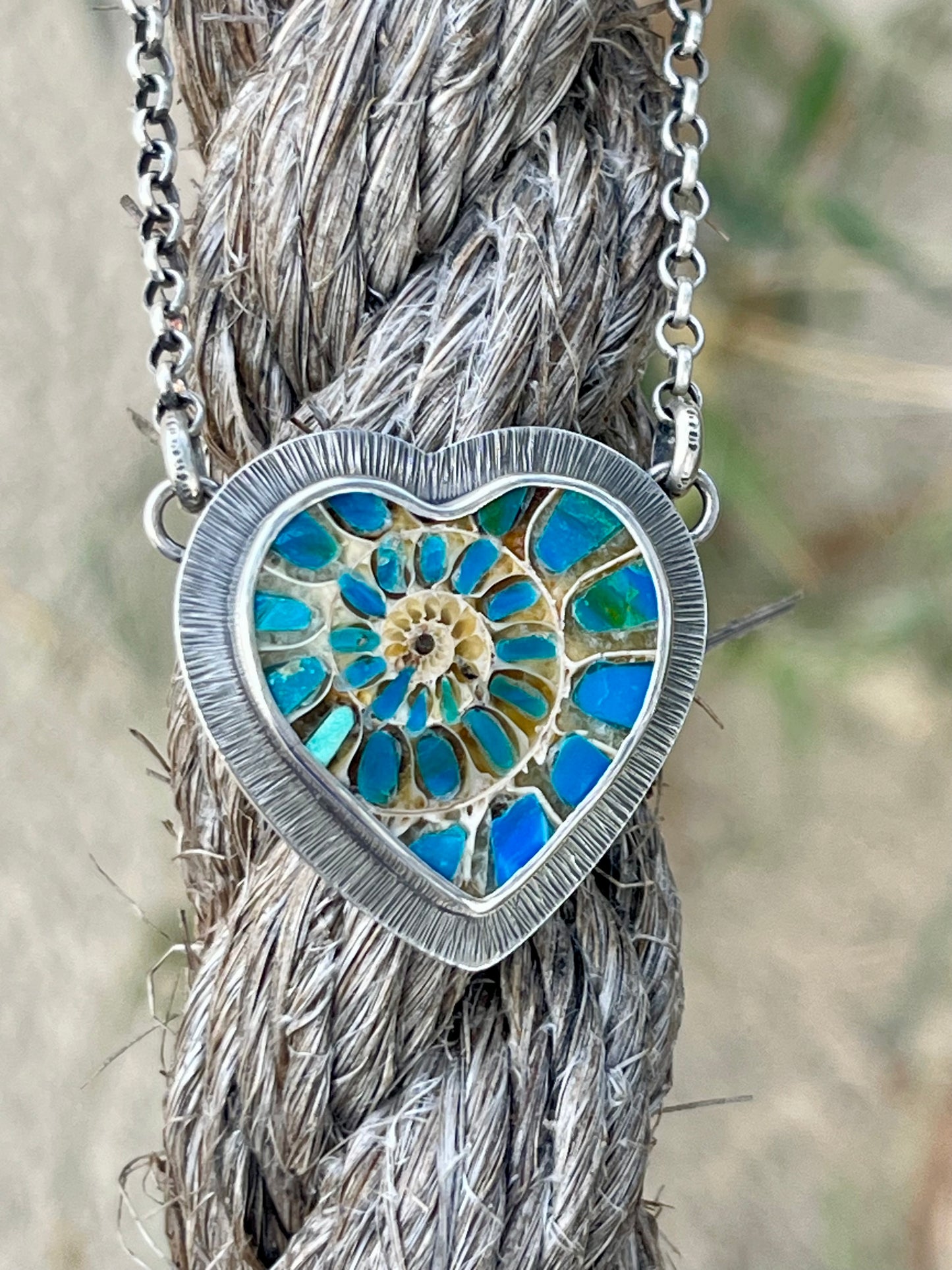 Ammonite Heart with Blue Opal Inlay Necklace