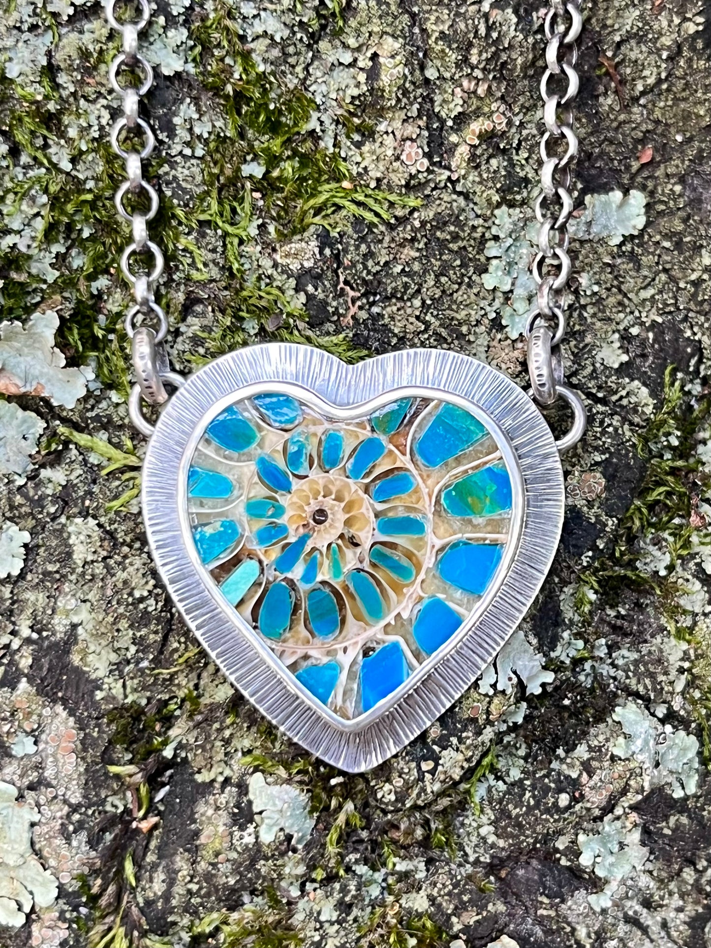 Ammonite Heart with Blue Opal Inlay Necklace