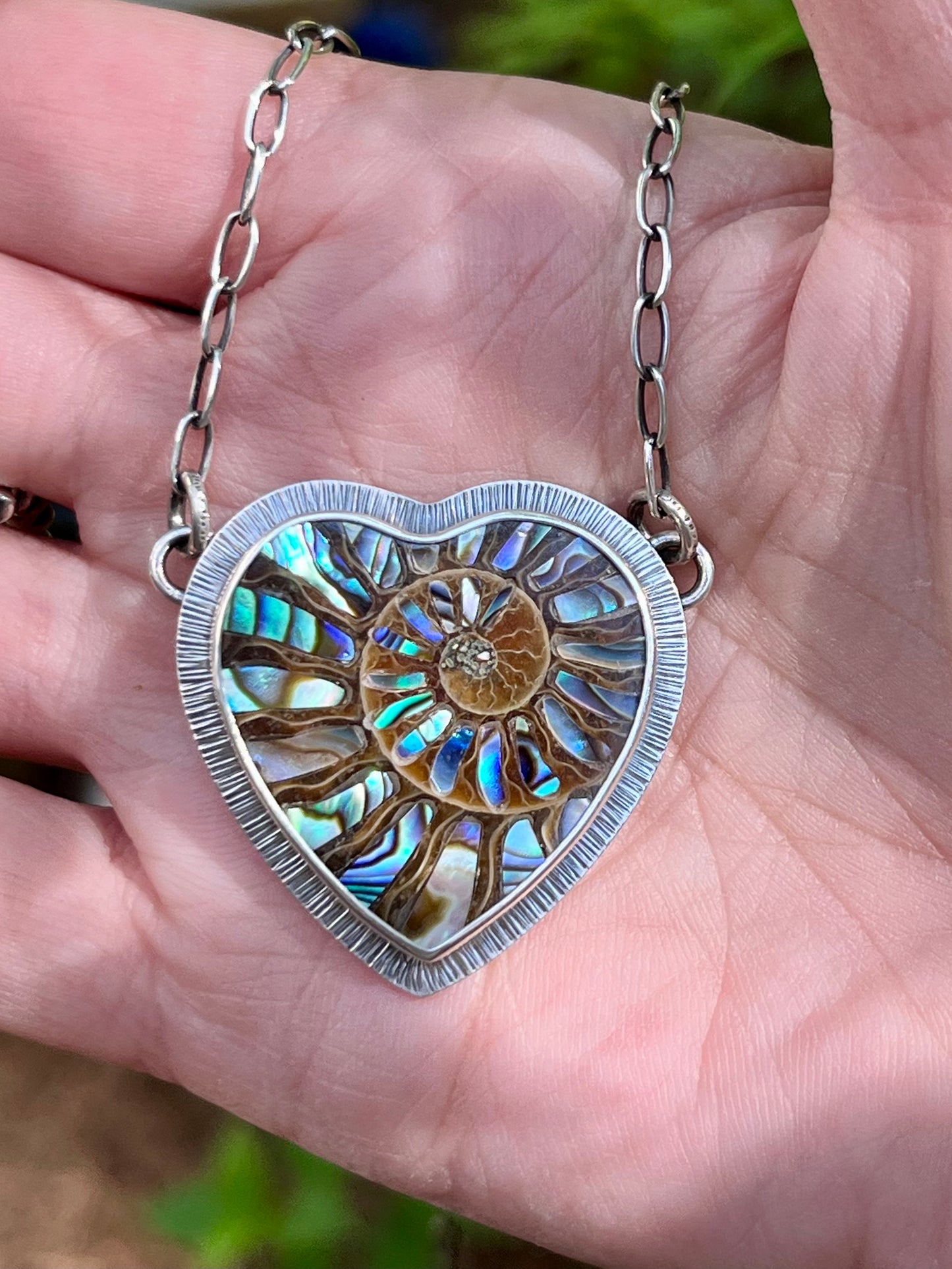 Ammonite Heart with Abalone Inlay Necklace