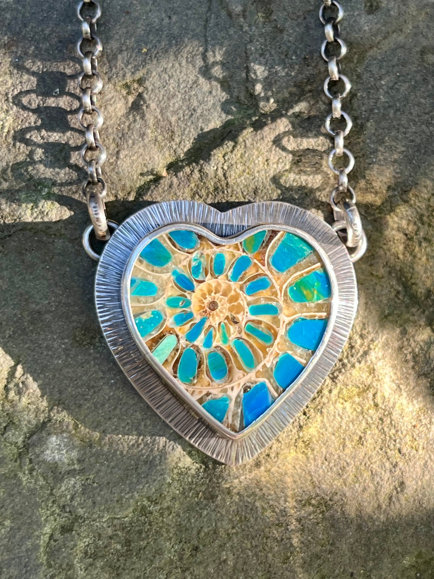 Ammonite Heart with Blue Opal Inlay Necklace