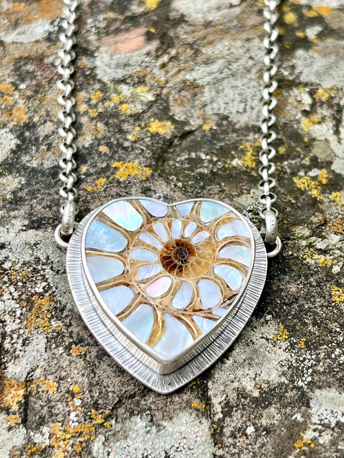 Ammonite Heart with Mother of Pearl Inlay Necklace
