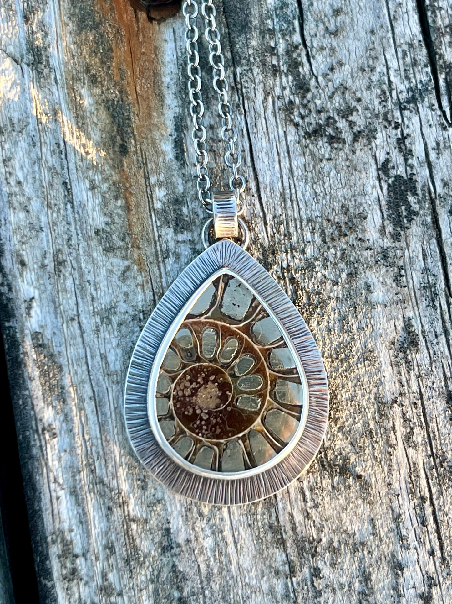 Ammonite Fossil with Pyrite Inlay Necklace