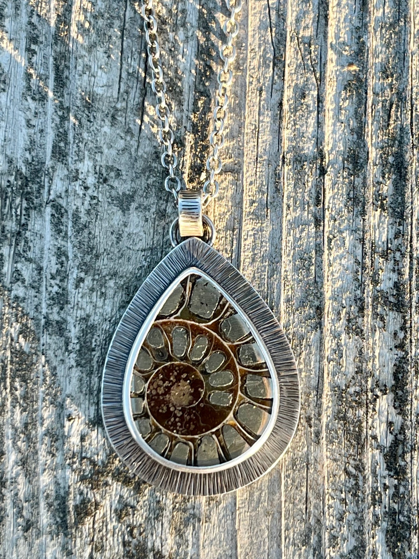 Ammonite Fossil with Pyrite Inlay Necklace