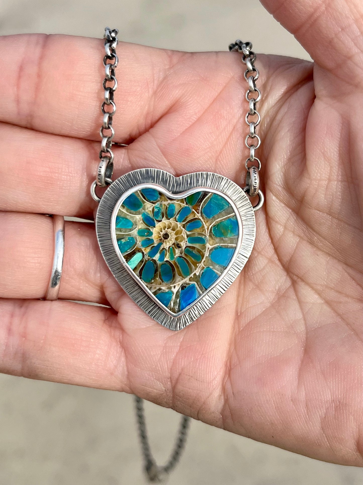 Ammonite Heart with Blue Opal Inlay Necklace