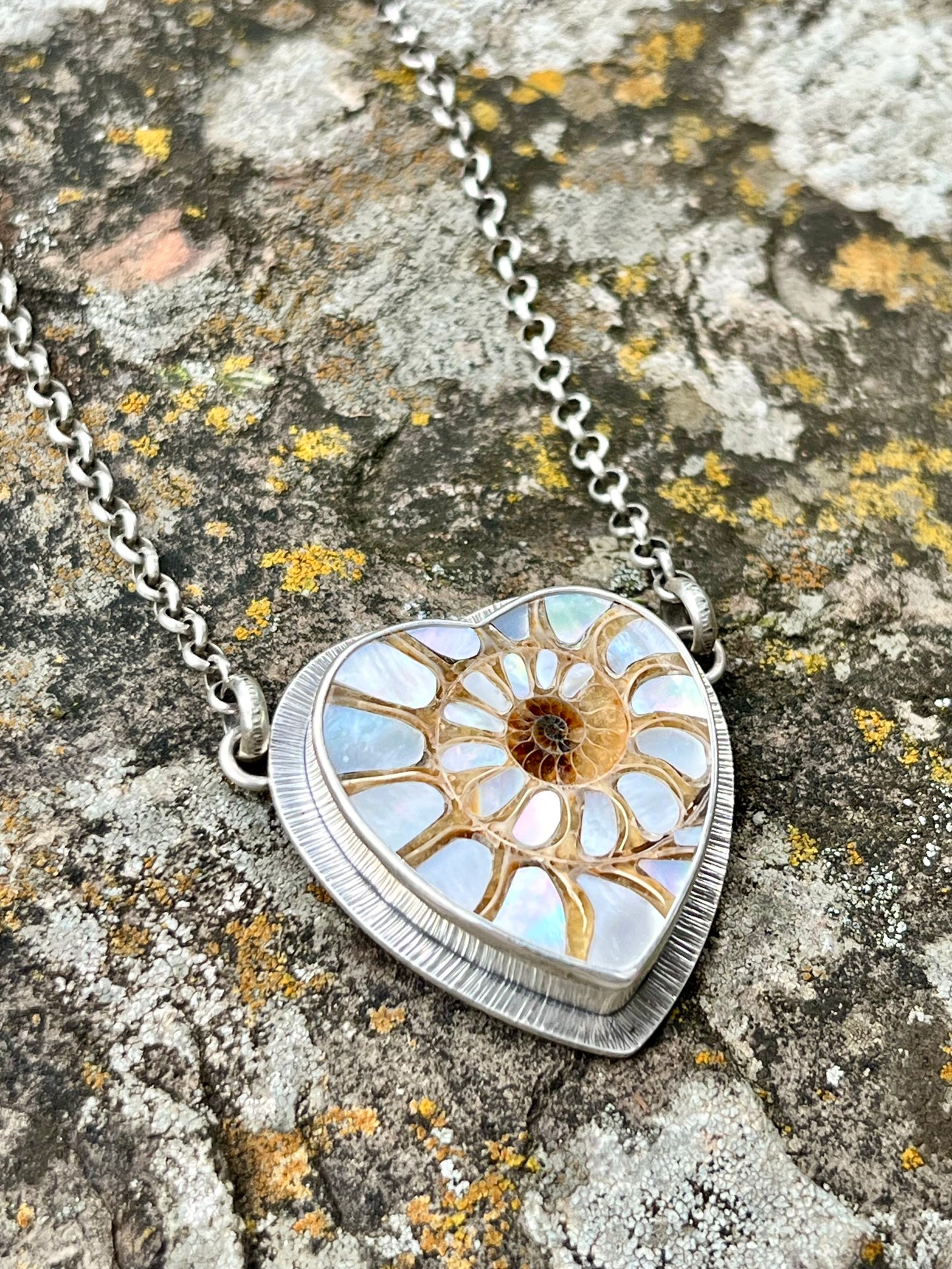 Ammonite Heart with Mother of Pearl Inlay Necklace