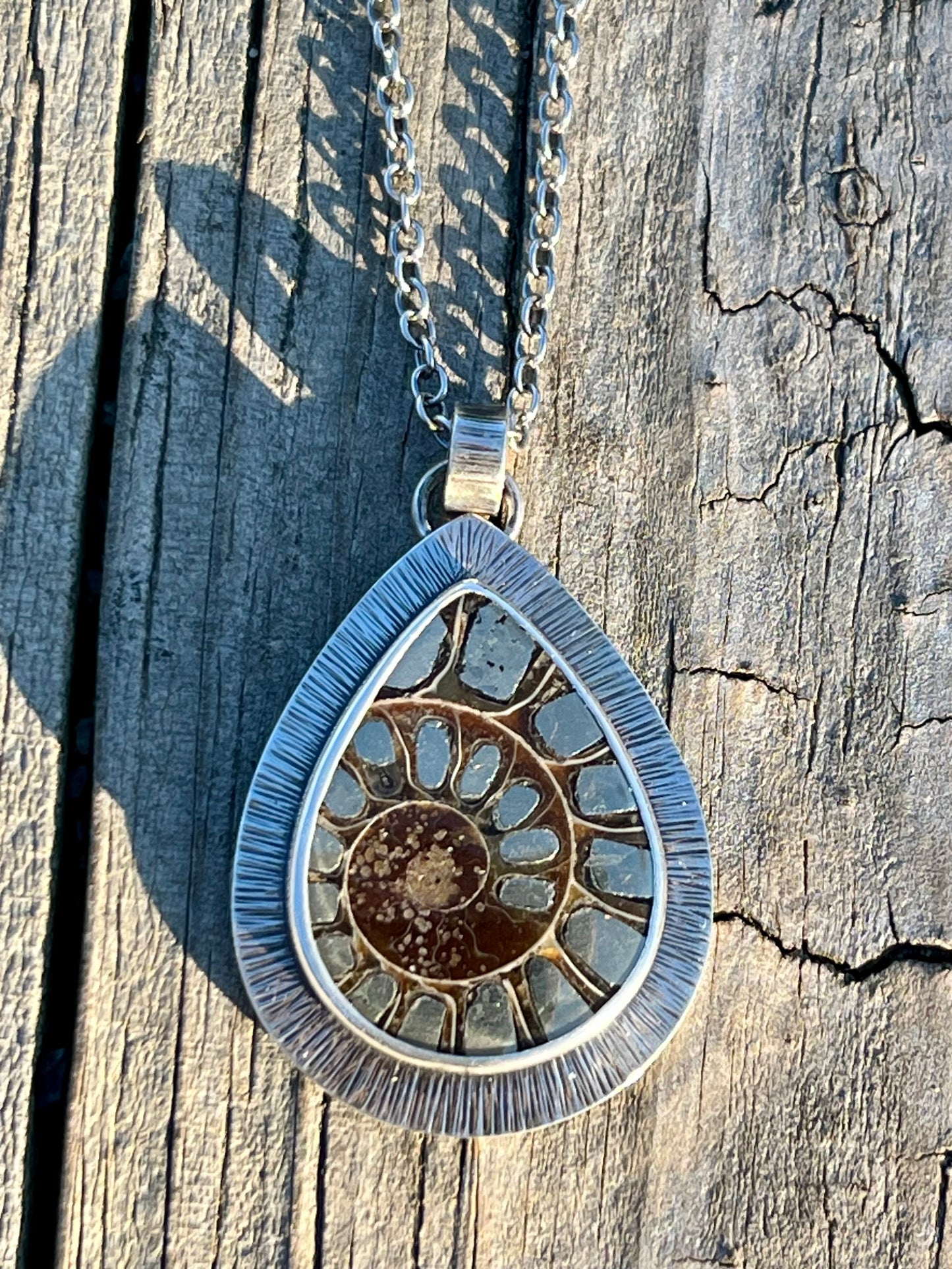 Ammonite Fossil with Pyrite Inlay Necklace