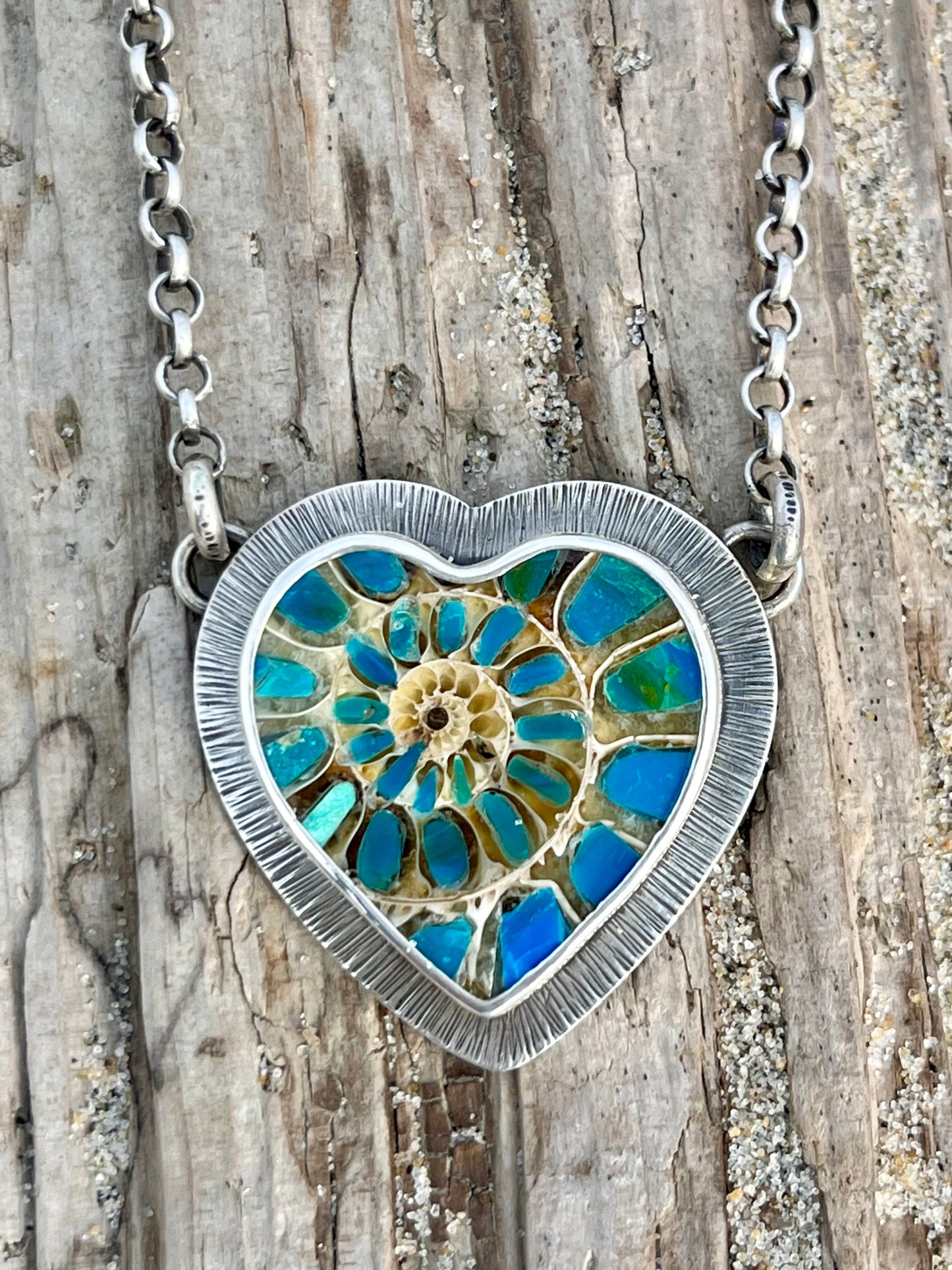 Ammonite Heart with Blue Opal Inlay Necklace