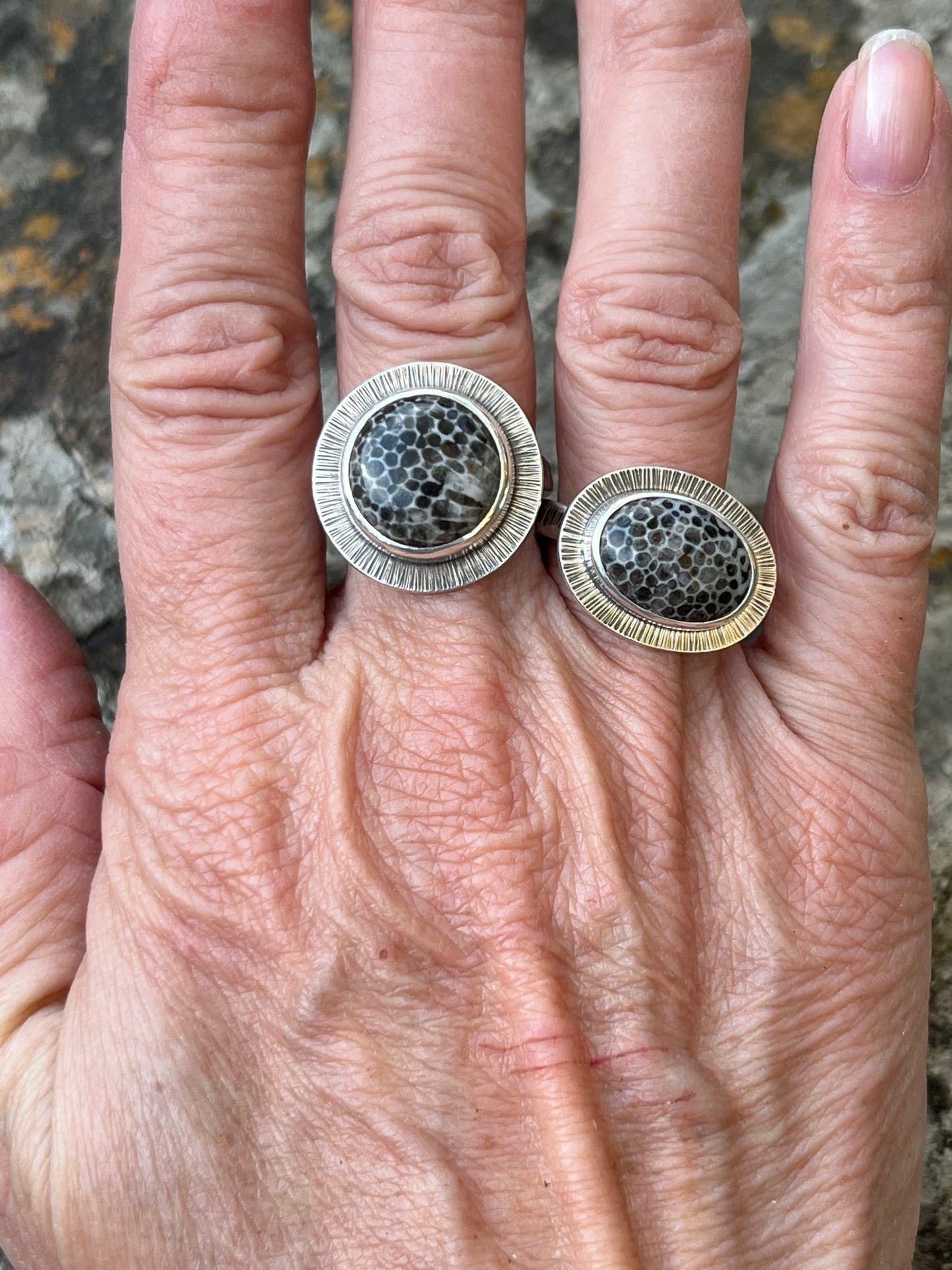 Oval Black Fossil Coral Ring