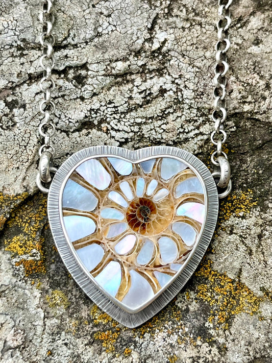 Ammonite Heart with Mother of Pearl Inlay Necklace