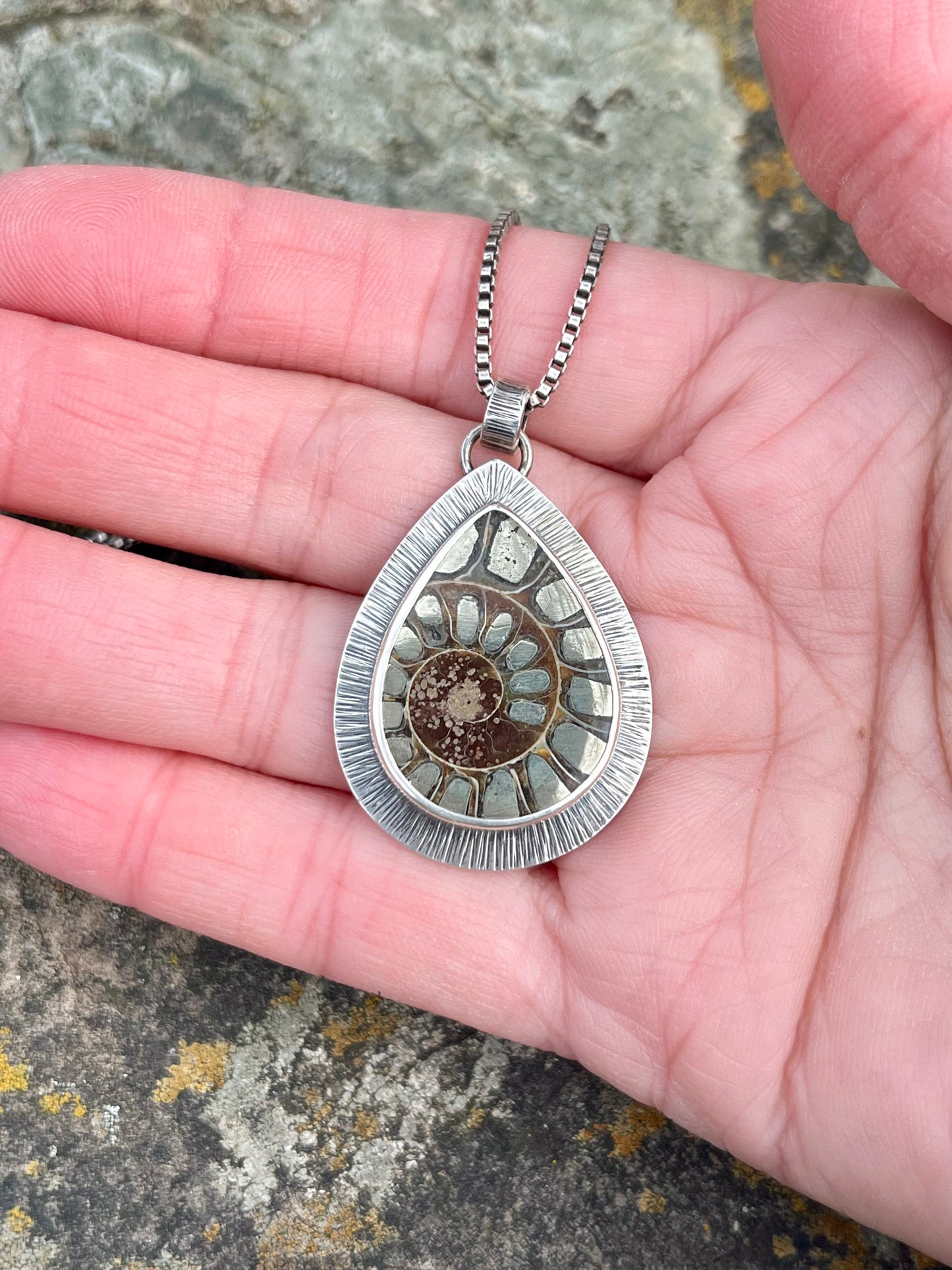 Ammonite Fossil with Pyrite Inlay Necklace