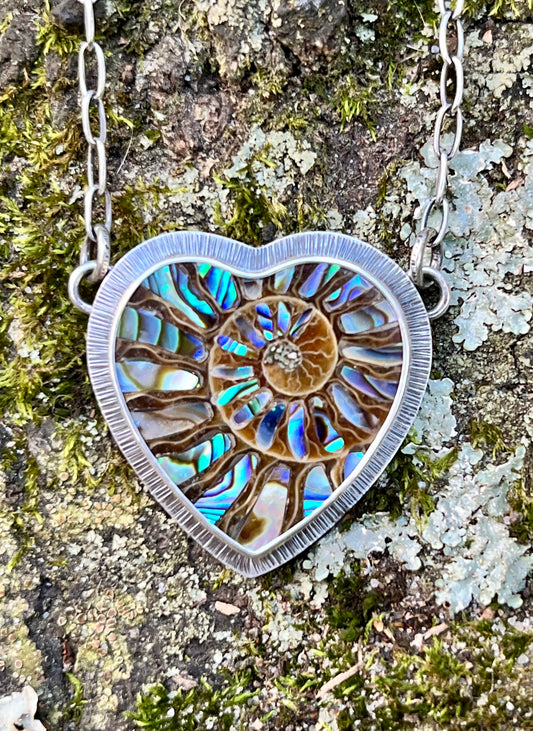 Ammonite Heart with Abalone Inlay Necklace