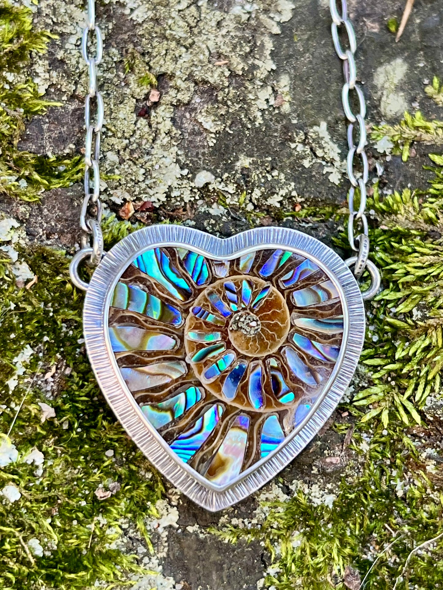 Ammonite Heart with Abalone Inlay Necklace