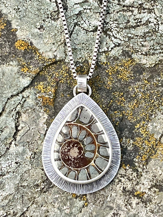 Ammonite Fossil with Pyrite Inlay Necklace