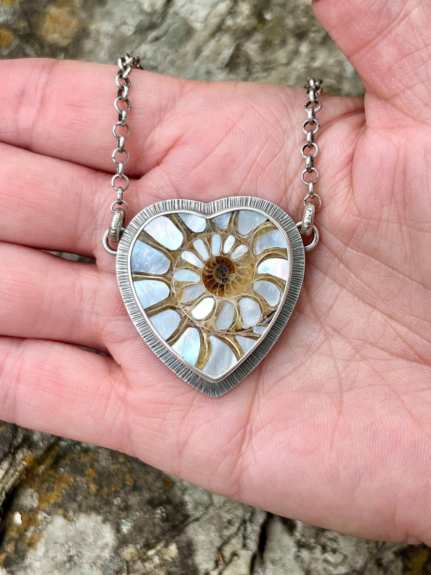Ammonite Heart with Mother of Pearl Inlay Necklace