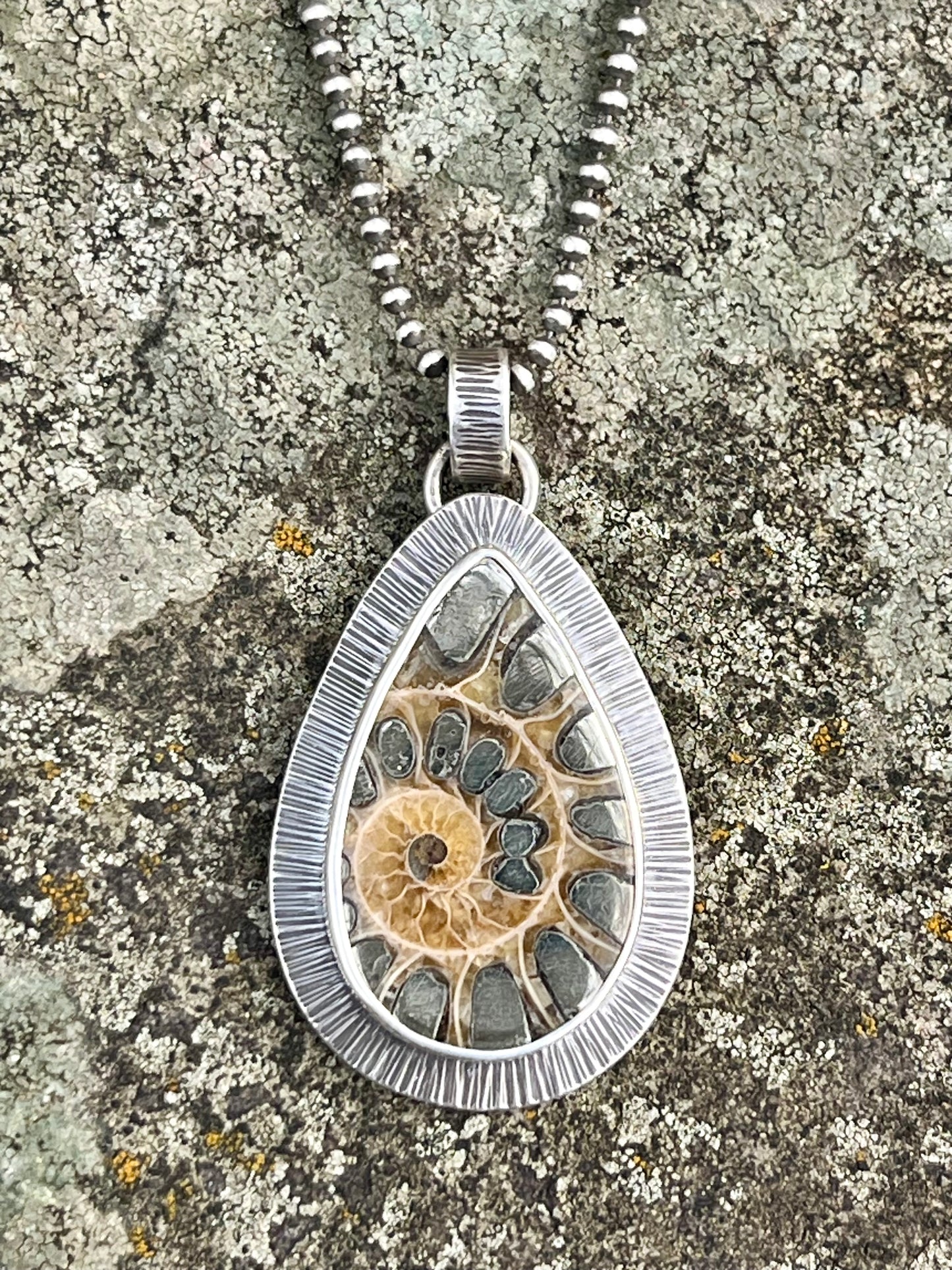 Ammonite Fossil with Pyrite Inlay Necklace