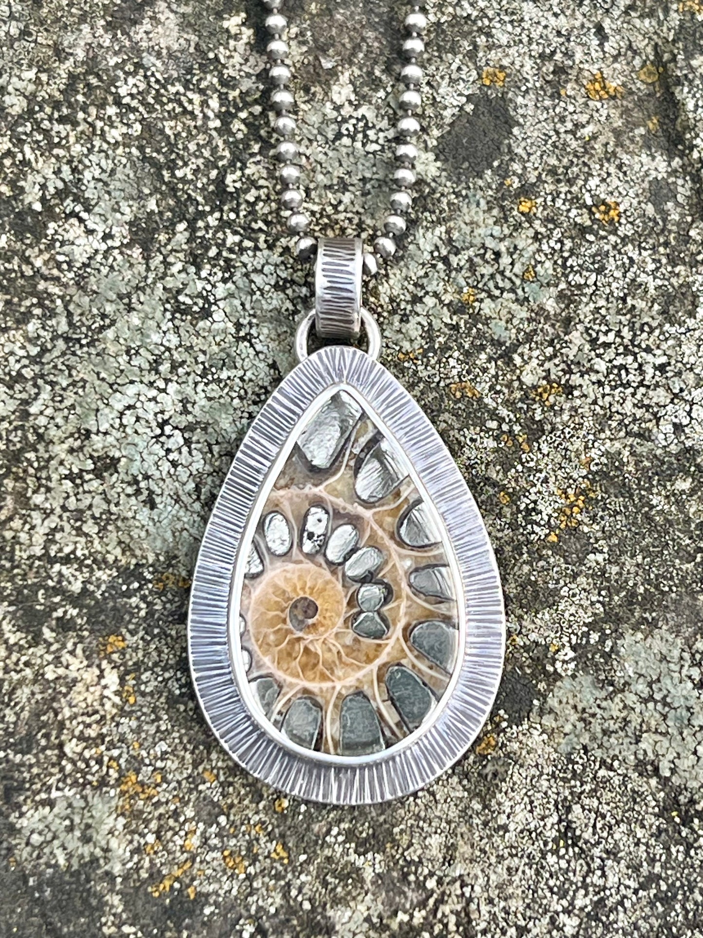 Ammonite Fossil with Pyrite Inlay Necklace
