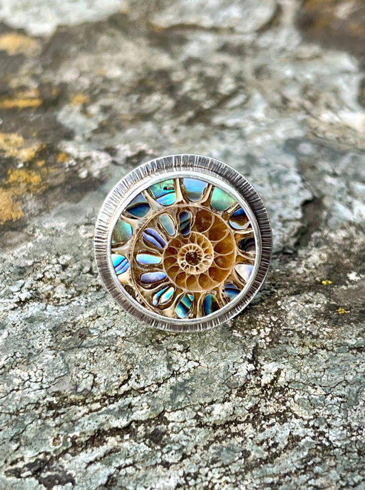 Ammonite with Abalone Inlay Ring