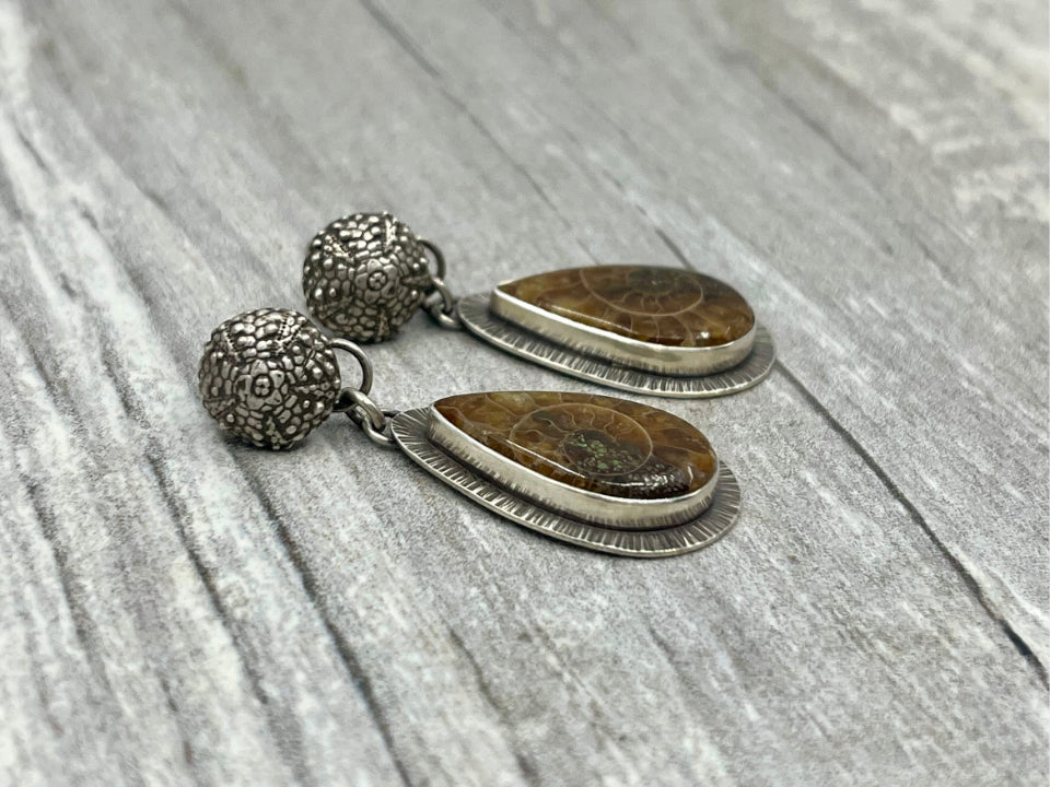 Ammonite Fossil Drop Earring